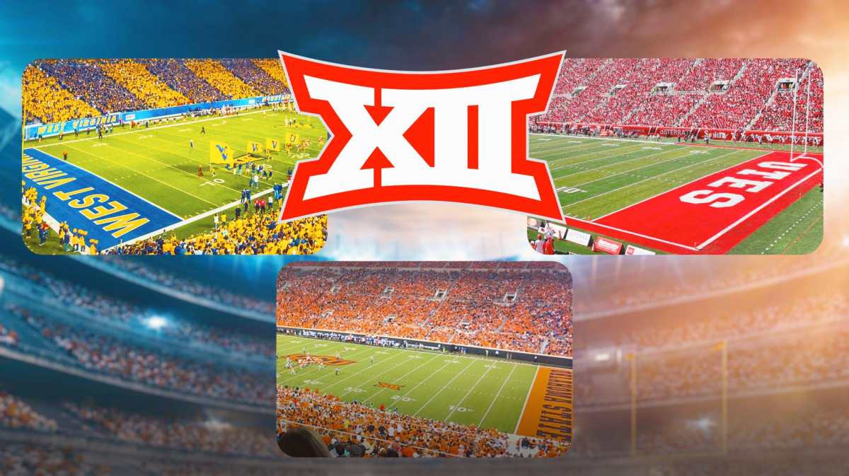 Big 12 logo with West Virginia football Milan Puskar Stadium, Utah Utes football Rice-Eccles Stadium, Oklahoma State football stadium.