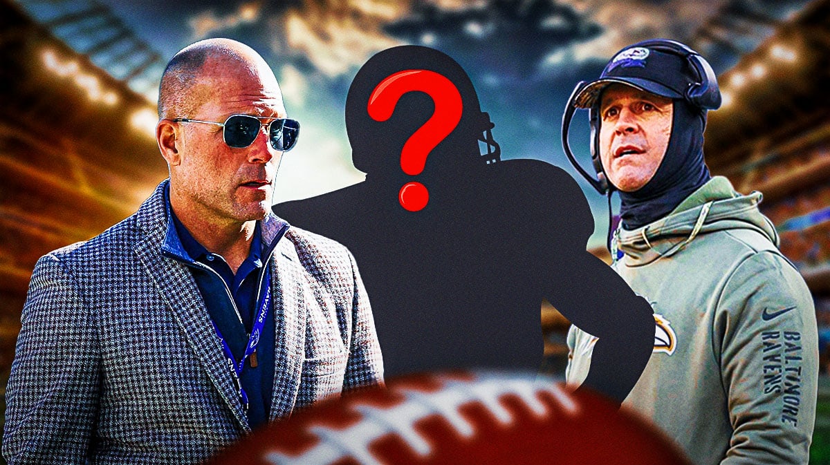 Eric DeCosta and John Harbaugh with mystery player silhouette