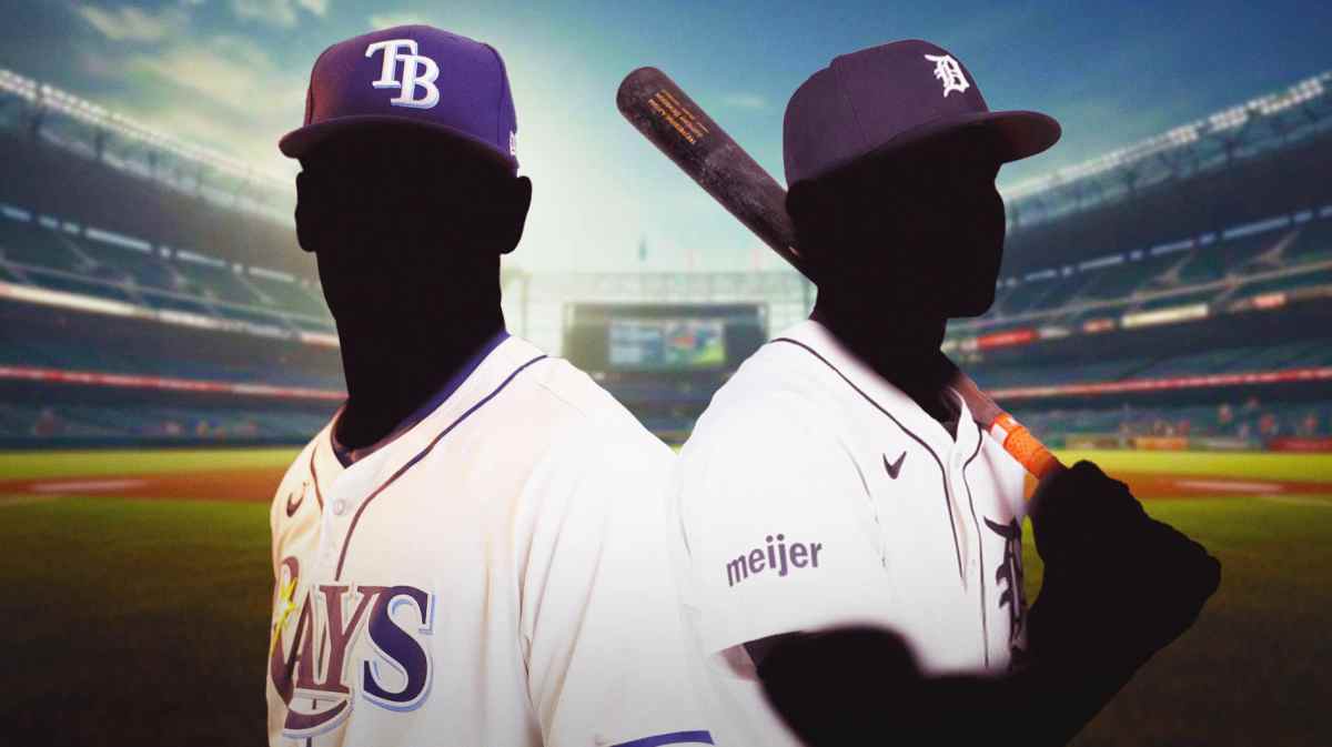 Two silhouettes of players, one in a Rays uniform and one in a Tigers uniform.