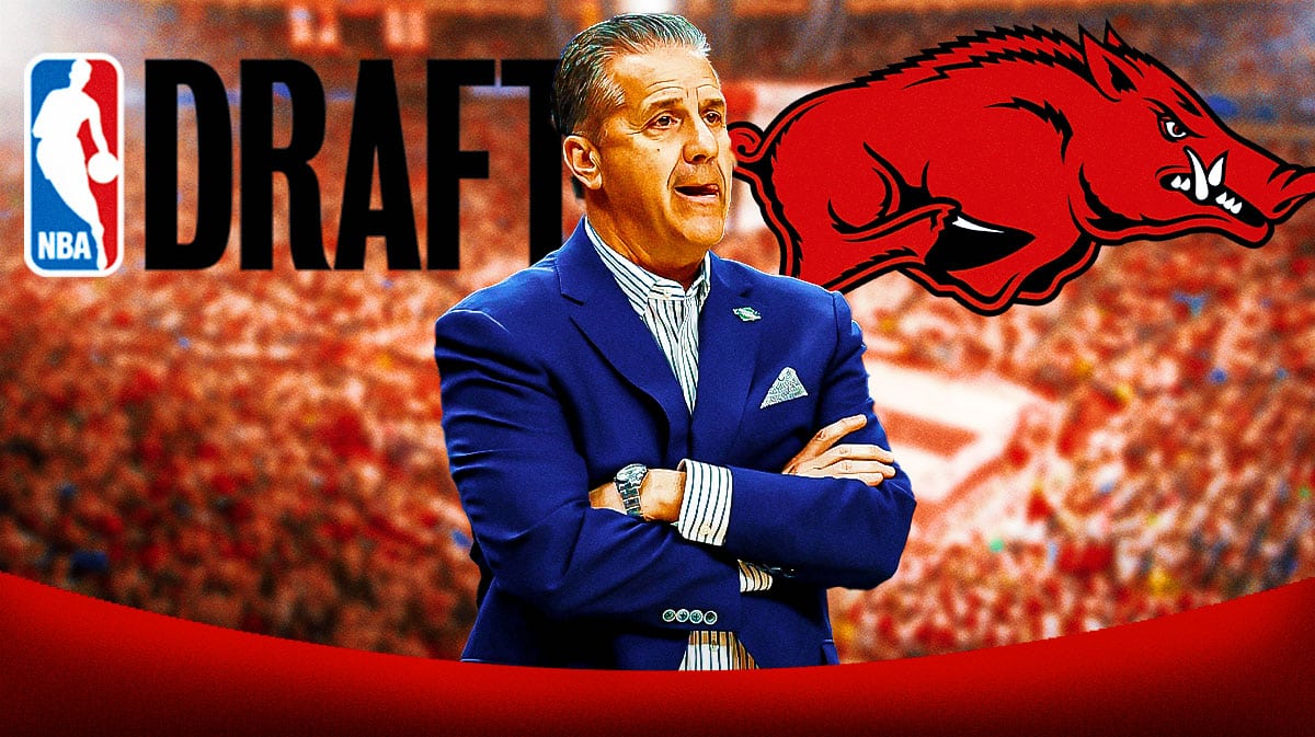 Arkansas basketball's John Calipari stands next to Kentucky basketball logo, NBA Draft logo