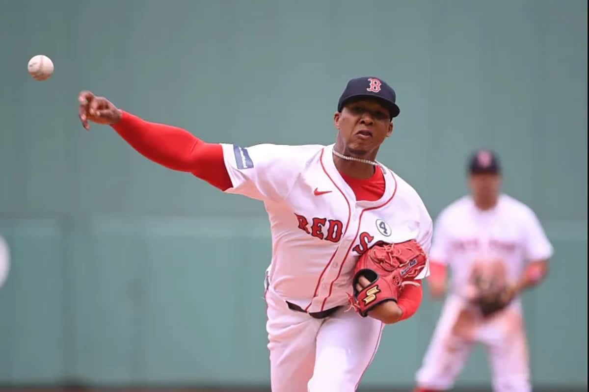 Boston Red Sox starting pitcher Brayan Bello (66) throws against the Detroit Tigers during the first inning at Fenway Park