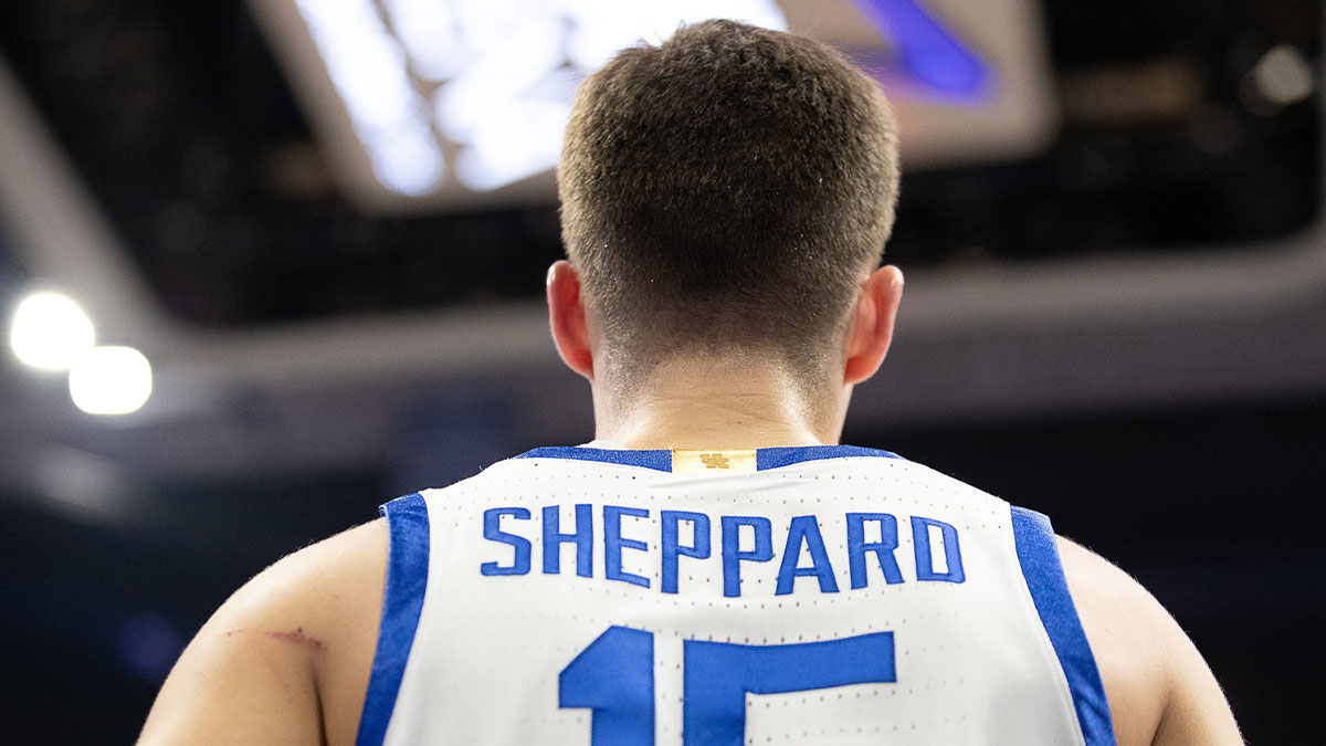 Kentucky's Reed Sheppard (15) waited for the action to resume as the Kentucky Wildcats battled the Florida Gators Wednesday night at Rupp Arena