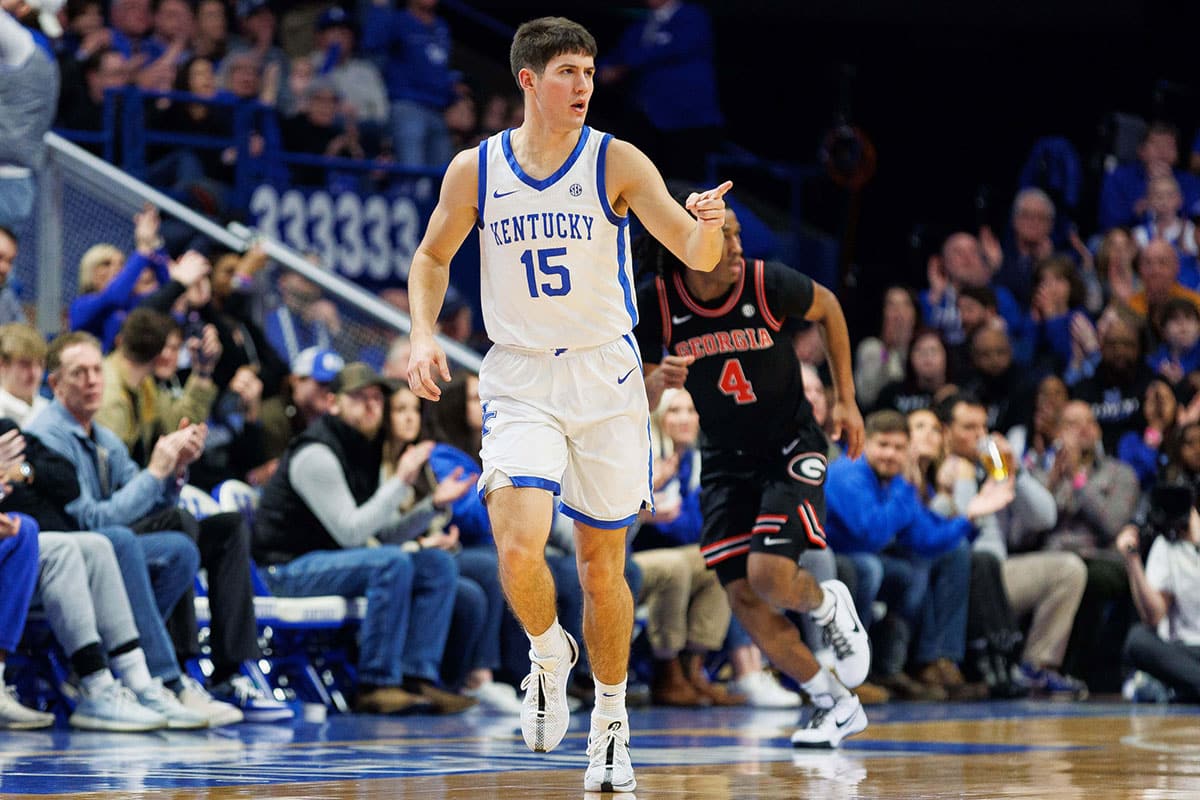 Kentucky Wildcats guard Reed Sheppard (15) reacts after making a basket during the first half against the Georgia Bulldogs at Rupp Arena at Central Bank Center.