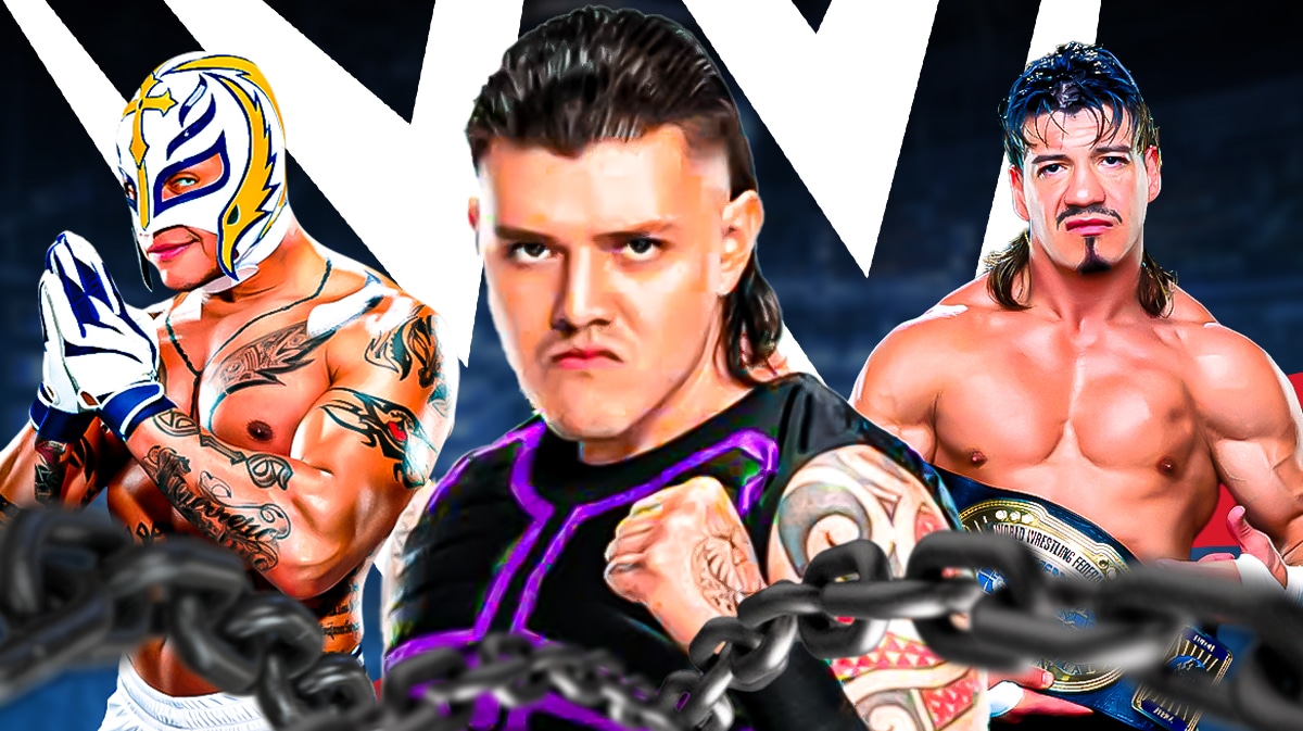 Dominik Mysterio in the middle with Rey Mysterio on the left and Eddie Guerrero on the right with the WWE logo as the background.