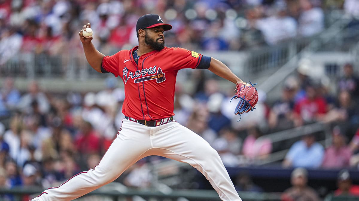 Atlanta Braves starting pitcher Reynaldo Lopez (40) pitches against the Oakland Athletics during the second inning at Truist Park.