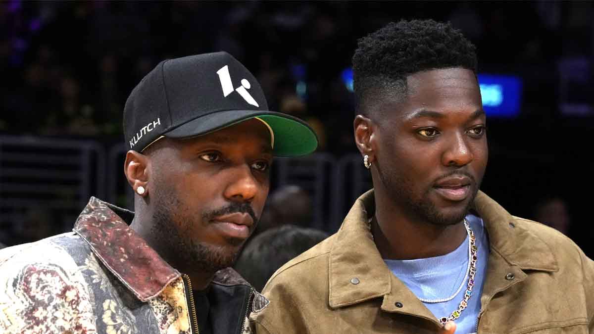 Jan 17, 2024; Los Angeles, California, USA; Rich Paul (left) and Mark Phillips pose during the game between the Los Angeles Lakers and the Dallas Mavericks at Crypto.com Arena. Mandatory Credit: Kirby Lee-USA TODAY Sports