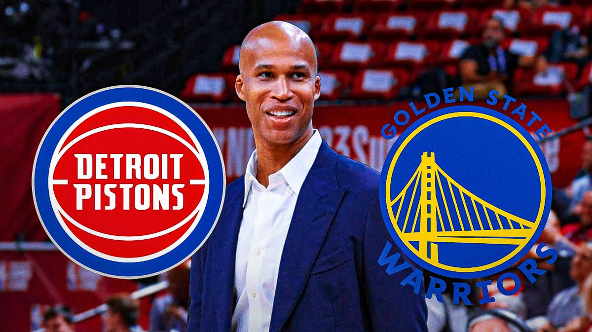 Richard Jefferson, Pistons, Warriors, Warriors Pistons, Richard Jefferson Warriors, Richard Jefferson with Pistons and Warriors logos, Warriors arena in the background