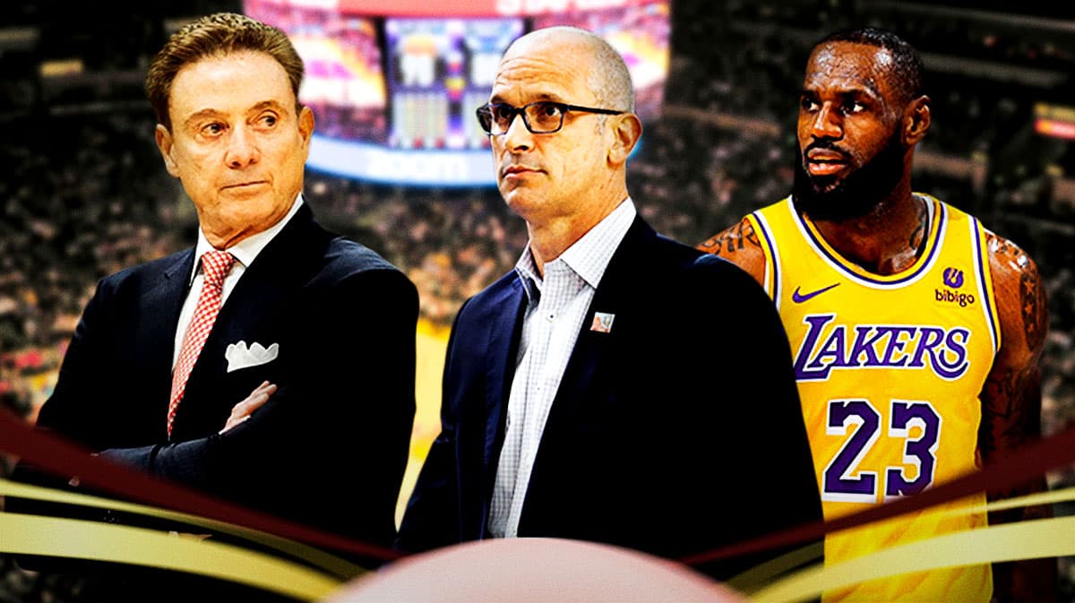 Rick Pitino looking at Dan Hurley next to Lakers star LeBron James.