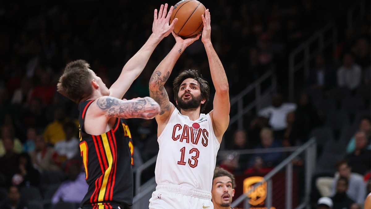 Cleveland Cavaliers guard Ricky Rubio (13) shoots over Atlanta Hawks guard Vit Krejci (27) in the second quarter at State Farm Arena