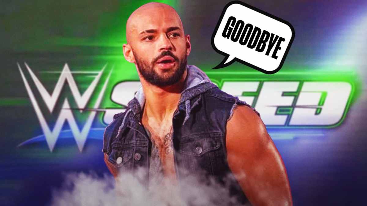 Ricochet with a text bubble reading "Goodbye" with the WWE Speed logo as the background.