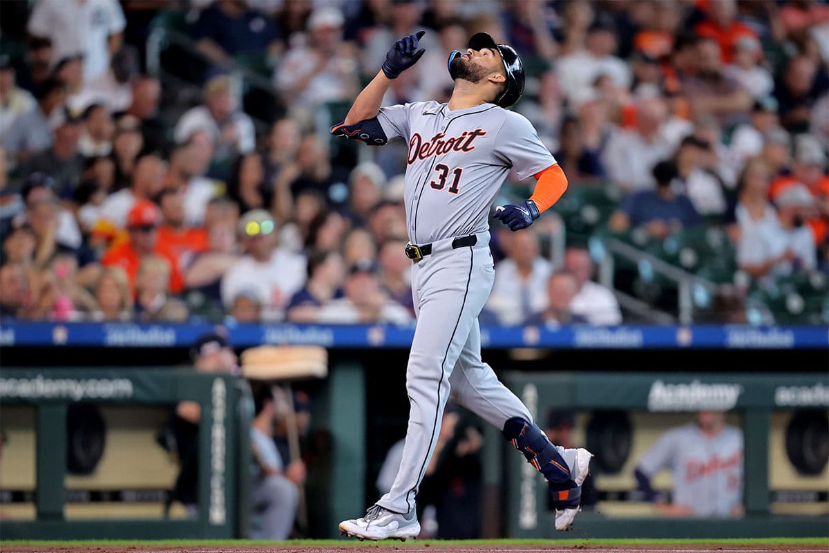 Detroit Tigers center fielder Riley Greene (31) reacts after hitting a three-run home run against the Houston Astros during the second inning at Minute Maid Park.