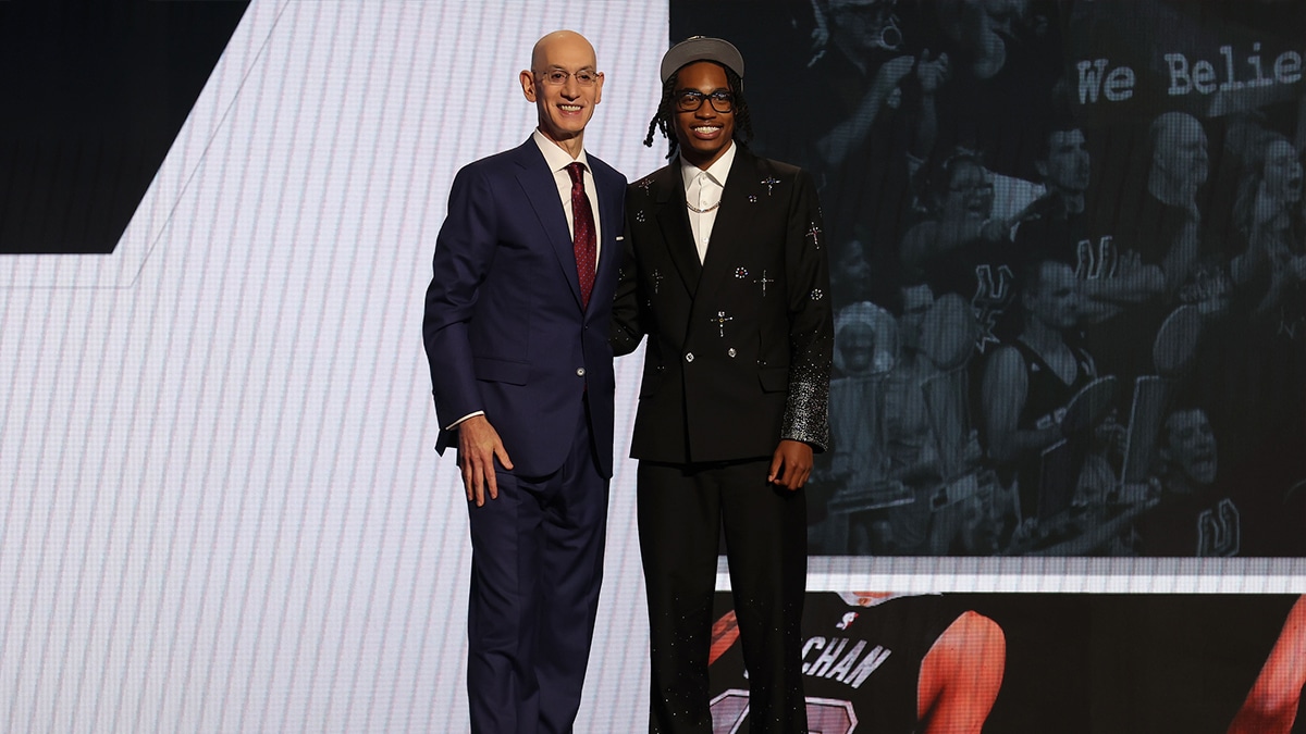 Rob Dillingham shakes hands with NBA commissioner Adam Silver after being selected in the first round by the San Antonio Spurs in the 2024 NBA Draft at Barclays Center. 