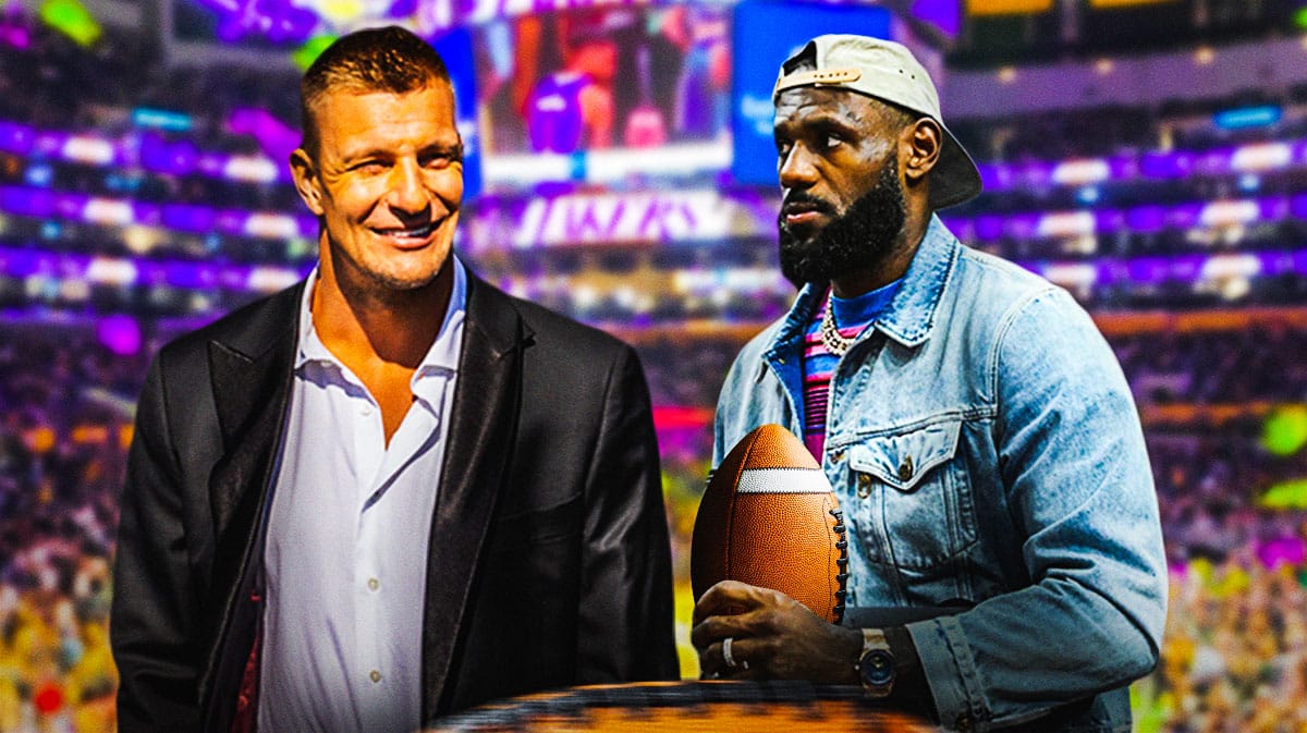 Rob Gronkowski and LeBron James holding a football