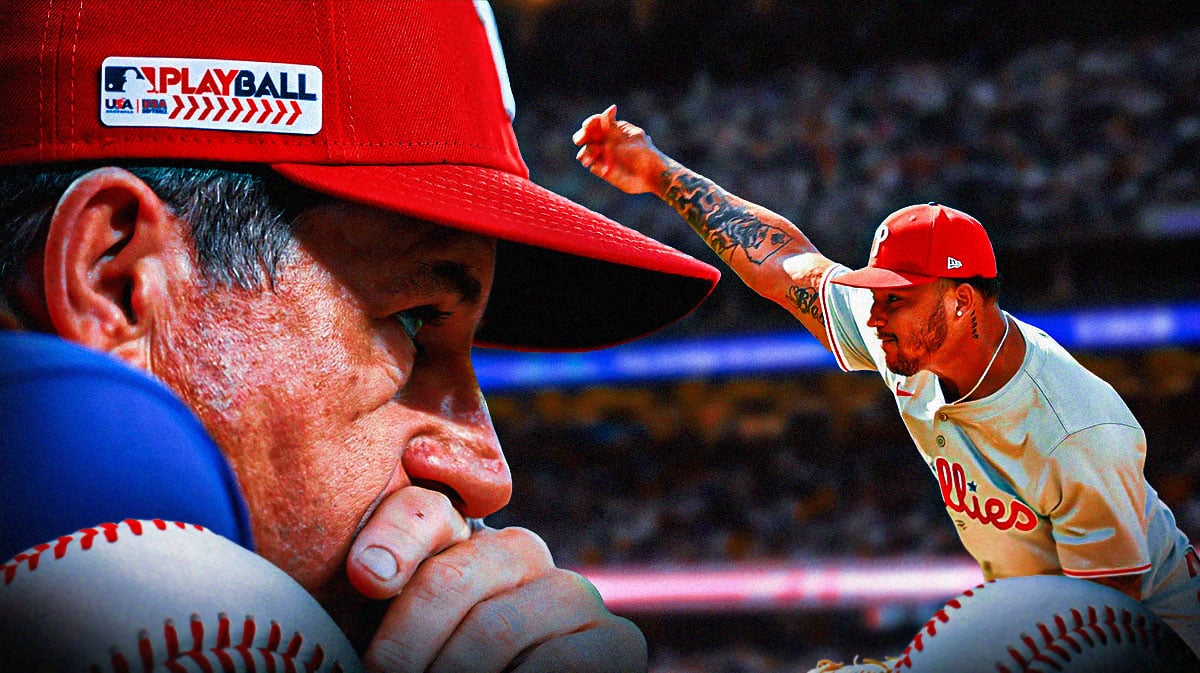 Phillies Rob Thomson looking concerned on left. Phillies Taijuan Walker pitching a baseball on right.