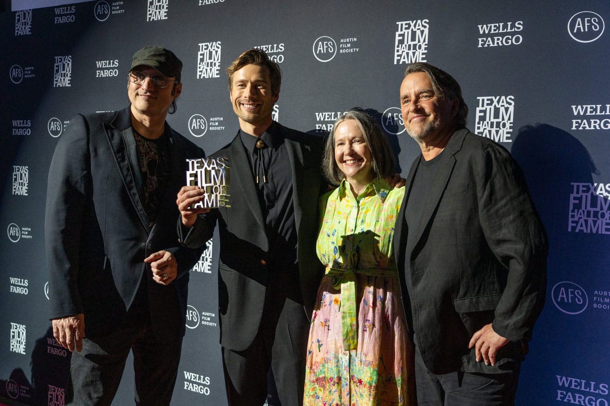 Robert Rodriguez, Glen Powell, Rebecca Campbell, and Richard Linklater at Austin Film Society's Toast to Texas Film in May 2024.