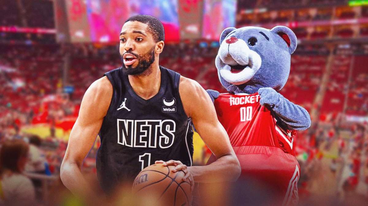 Mikal Bridges (Nets) with Rocket mascot (Clutch)