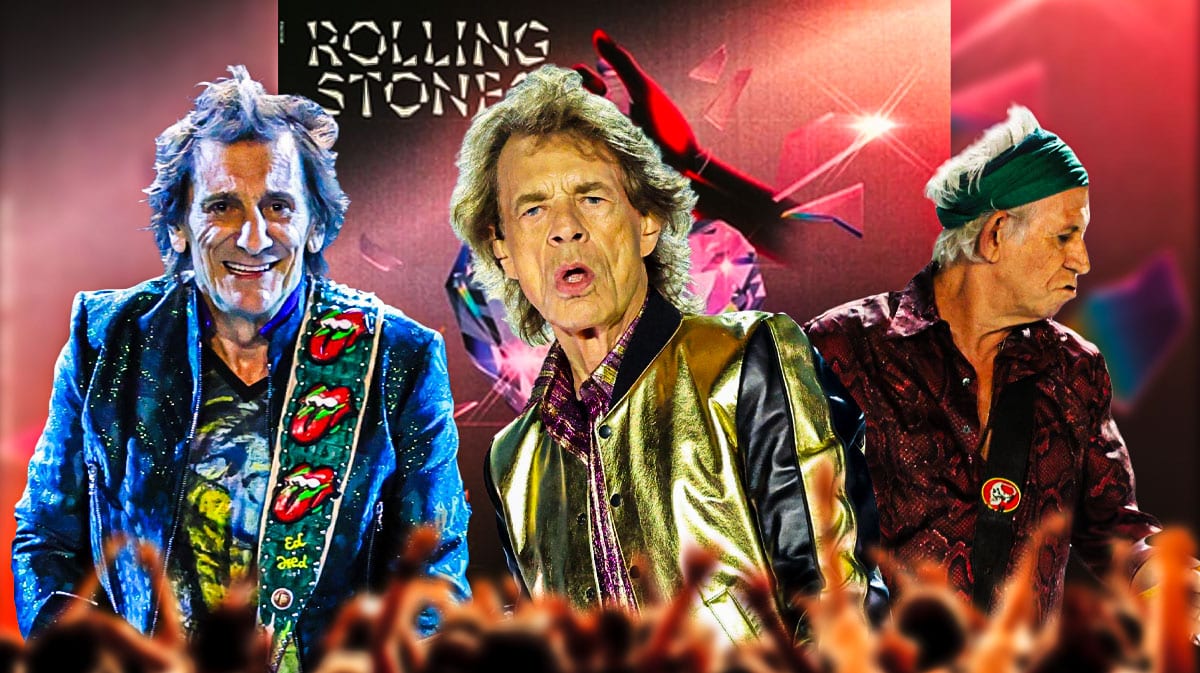 The Rolling Stones members Ronnie Wood, Mick Jagger, and Keith Richards with Hackney Diamonds album cover.