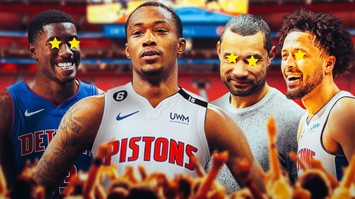 Pistons' Cade Cunningham, Jaden Ivey, Trajan Langdon looking at Ron Holland II