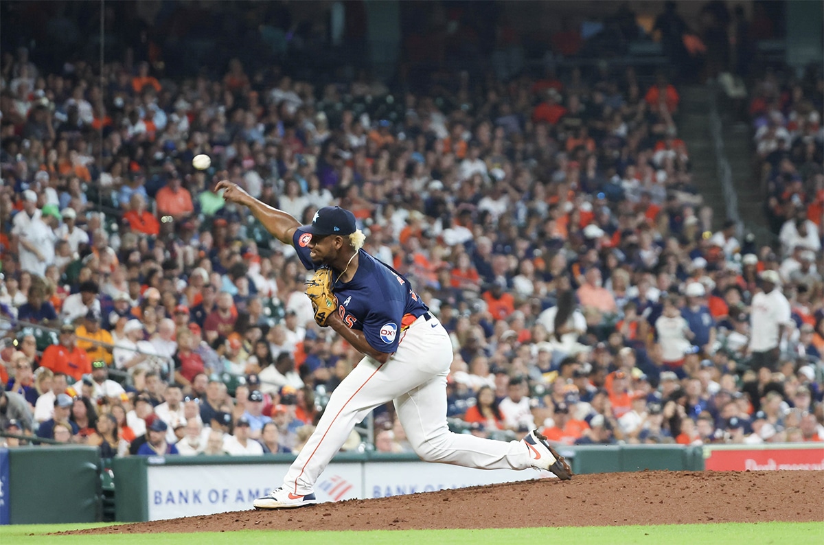 Houston Astros starting pitcher Ronel Blanco (56) pitches against the Detroit Tigers in the fifth inning at Minute Maid Park.