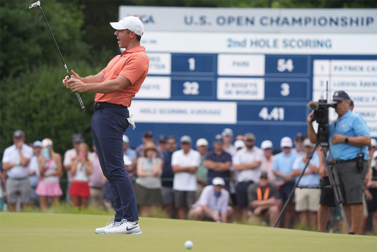 Rory McIlroy reacts after a missed putt on the second green during the first round of the U.S. Open golf tournament.