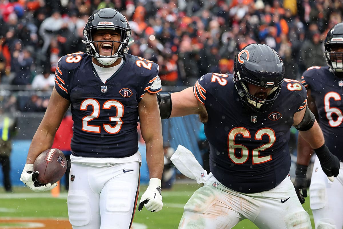 Chicago Bears running back Roschon Johnson (23) reacts after scoring a touchdown against the Atlanta Falcons during the first half at Soldier Field.