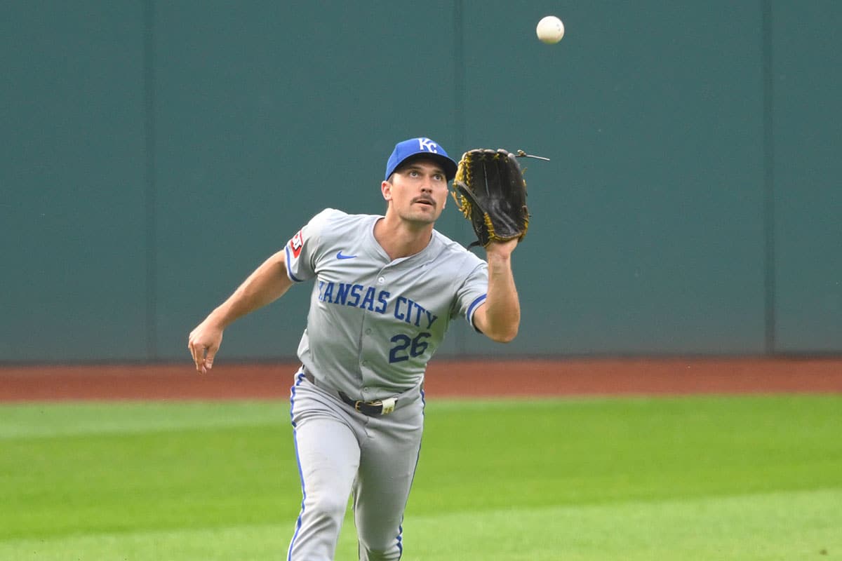 Kansas City Royals left fielder Adam Frazier (26) makes a catch in the first inning against the Cleveland Guardians at Progressive Field.