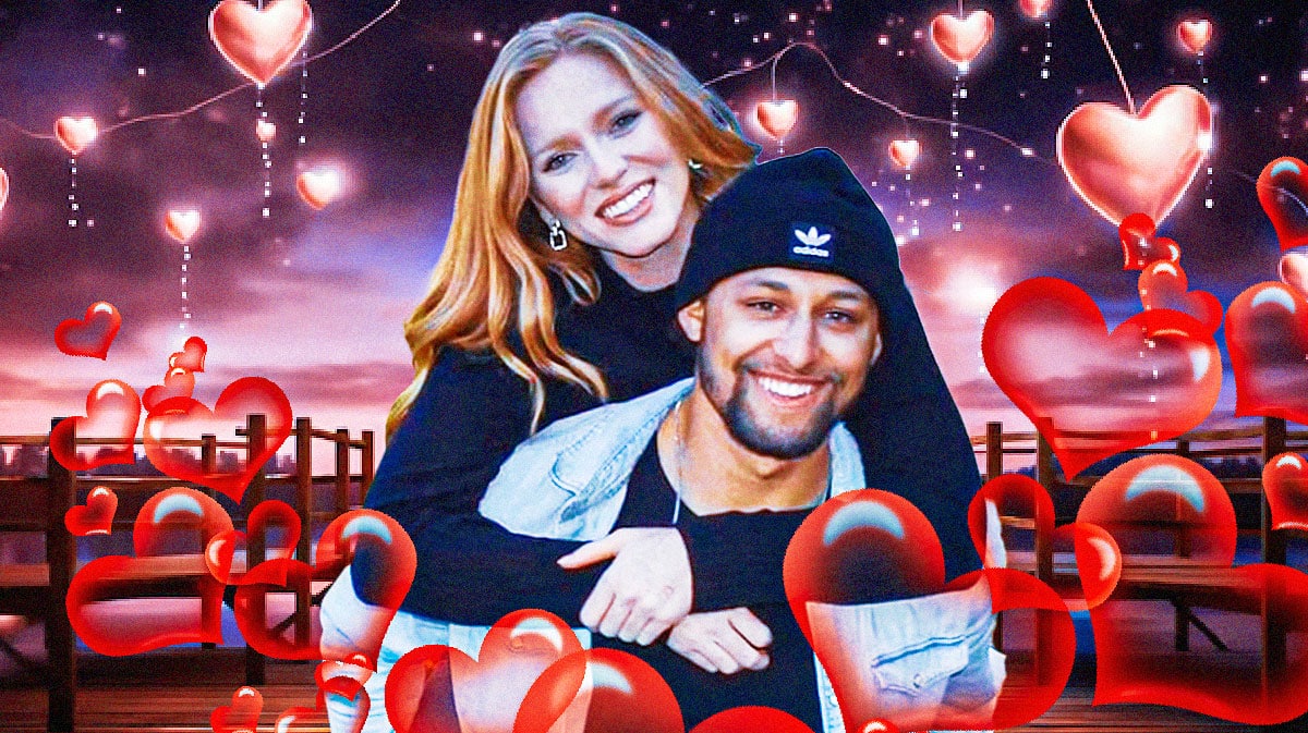 Royce Lewis and his fiancée Samantha Hobert surrounded by hearts.