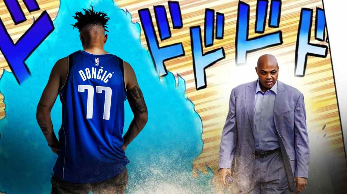 Oh you're approaching me meme Mavericks fan wearing Luka Doncic jersey (left) walking towards Charles Barkley (right).