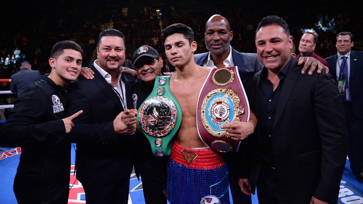 Nov 2, 2019; Las Vegas, NV, USA; Ryan Garcia (blue trunks) celebrates after knocking out Romero Duno (not pictured) in their WBC silver and NABO lightweight title bout at MGM Grand Garden Arena. Garcia won via first round TKO. Mandatory Credit: Joe Camporeale-USA TODAY Sports