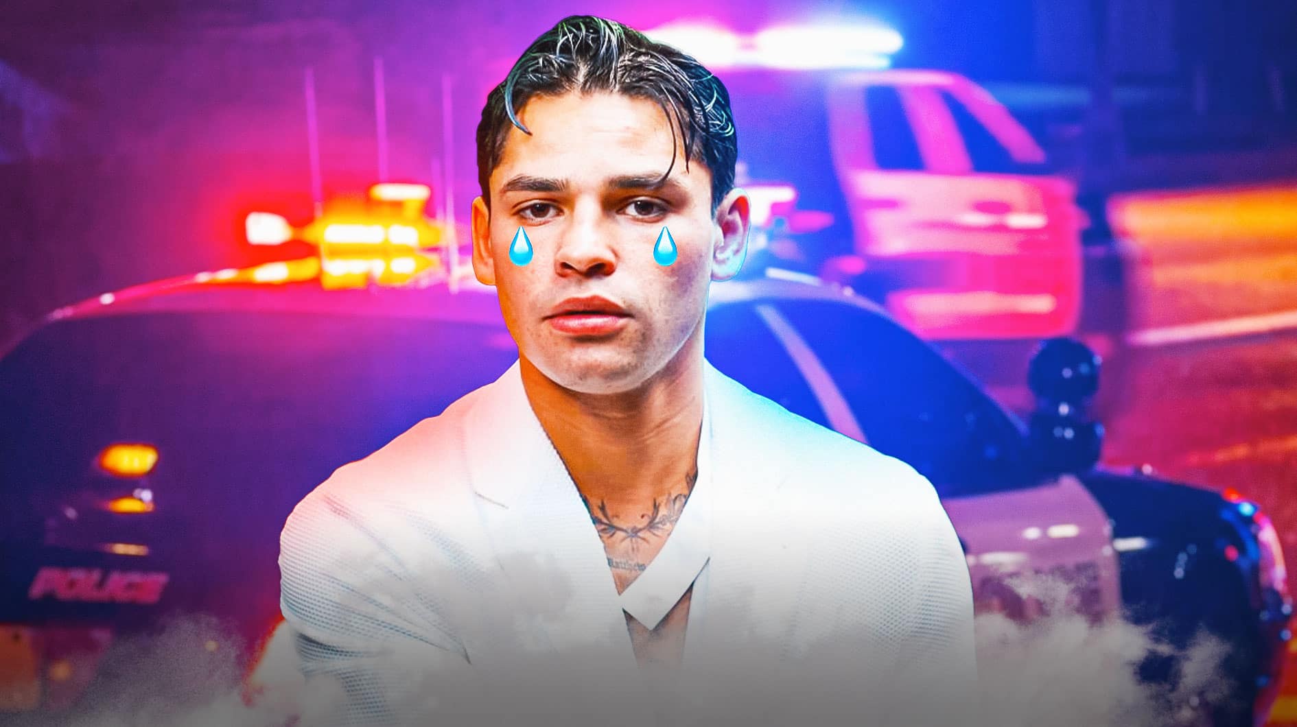 Ryan Garcia with animated tears. Police car in the background