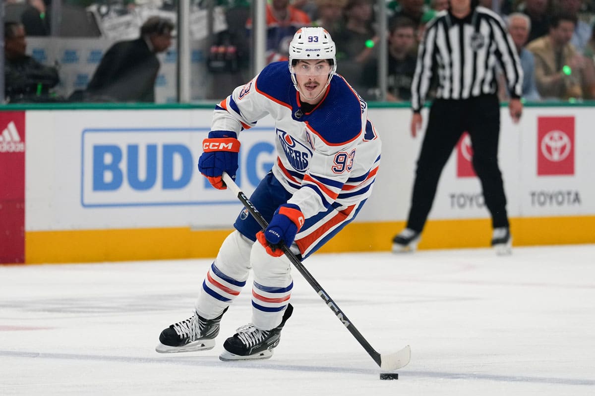Edmonton Oilers center Ryan Nugent-Hopkins (93) in action against the Dallas Stars during the first period between the Dallas Stars and the Edmonton Oilers in game five of the Western Conference Final of the 2024 Stanley Cup Playoffs at American Airlines Center.