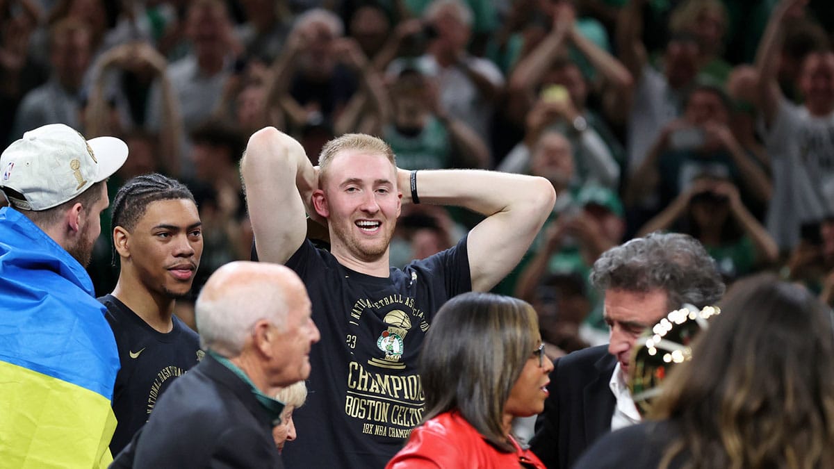 Boston Celtics forward Sam Hauser (30) celebrates after winning the 2024 NBA Finals