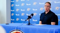 Sam Presti speaks to the press in Oklahoma City, on Tuesday, May 28, 2024.