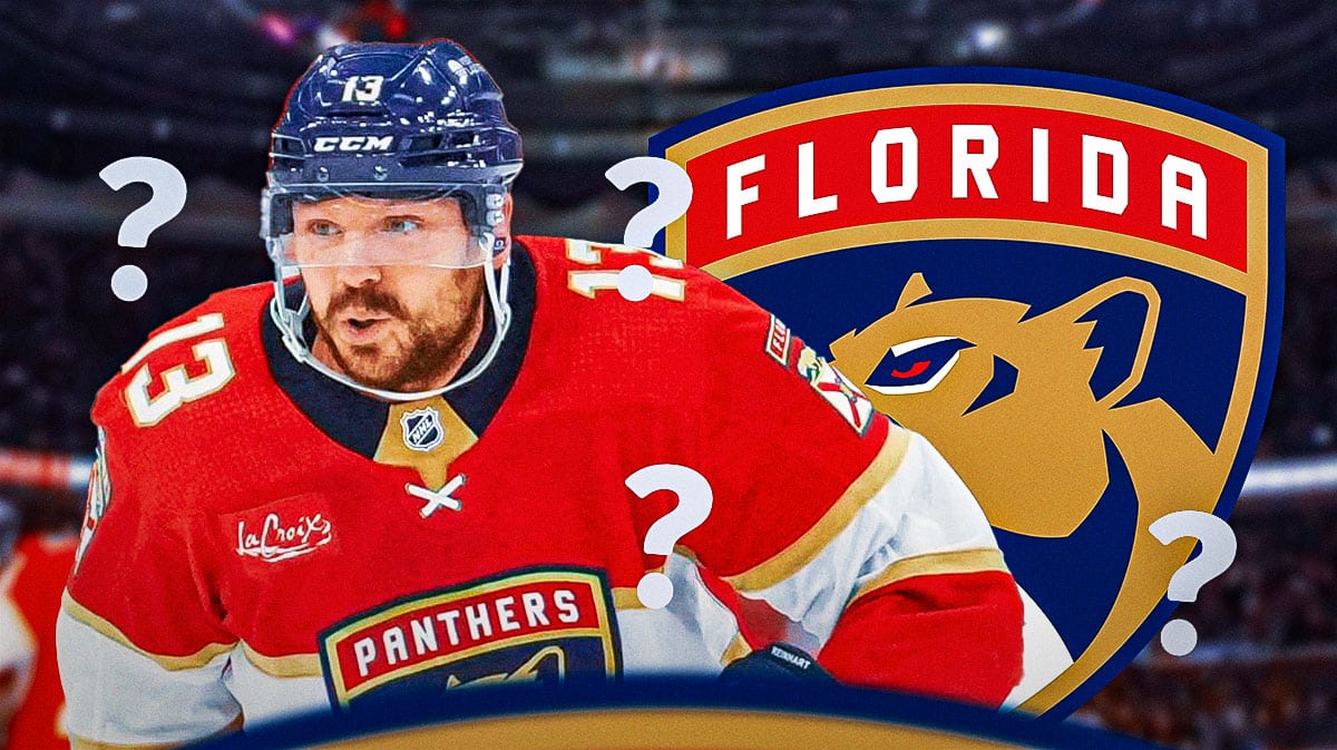 Panthers center Sam Reinhart, with a Florida Panthers logo next to him. Question marks all around.