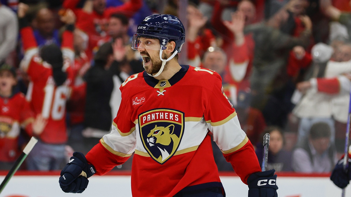 Florida Panthers center Sam Reinhart (13) celebrates after scoring the game-winning goal during overtime against the New York Rangers in game four of the Eastern Conference Final of the 2024 Stanley Cup Playoffs at Amerant Bank Arena.