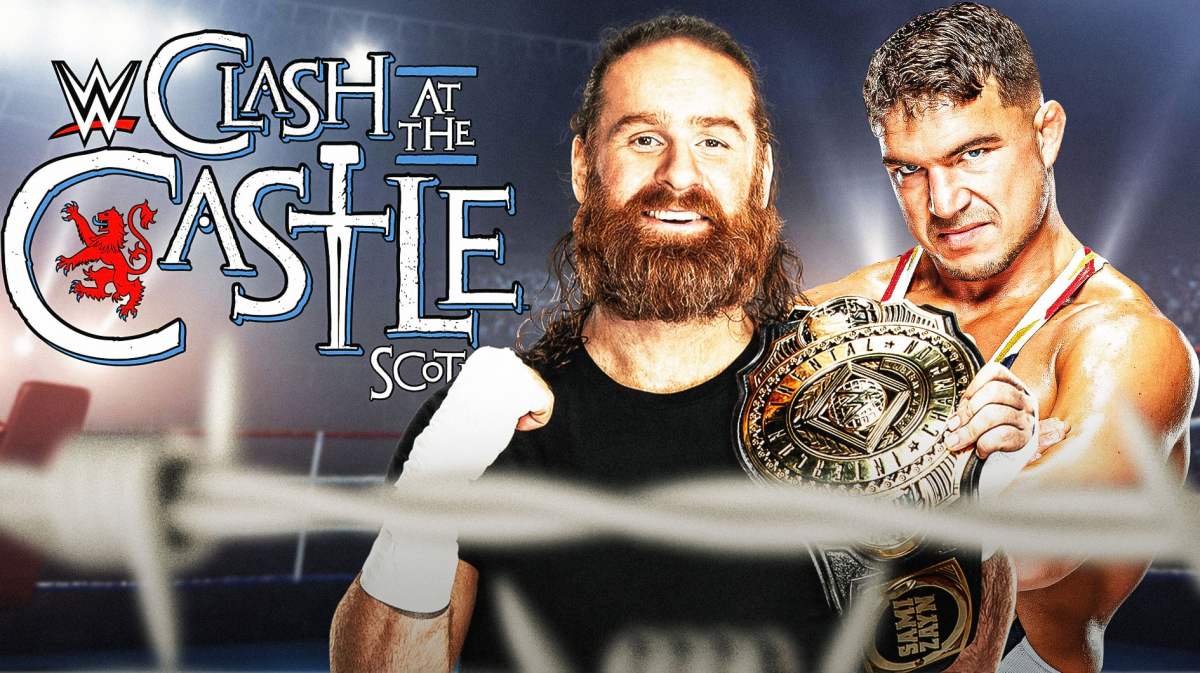 Sami Zayn holding the Intercontinental Championship next to Chad Gable with the 2024 Clash at the Castle logo as the background.