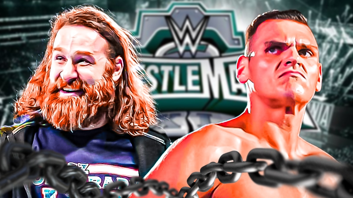 Sami Zayn opposite Gunther with the WrestleMania 40 logo as the background.