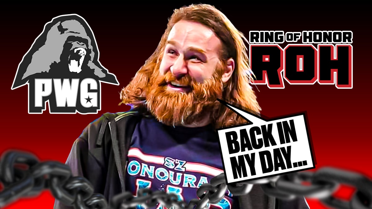 Sami Zayn with a text bubble reading "Back in my day..." with the PWG logo on his left and the Ring of Honor logo on his right.