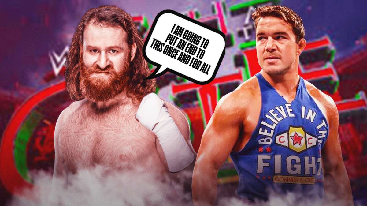 Sami Zayn with a text bubble reading "I am going to put an end to this once and for all" next to Chad Gable with the Clash at the Castle logo as the background.
