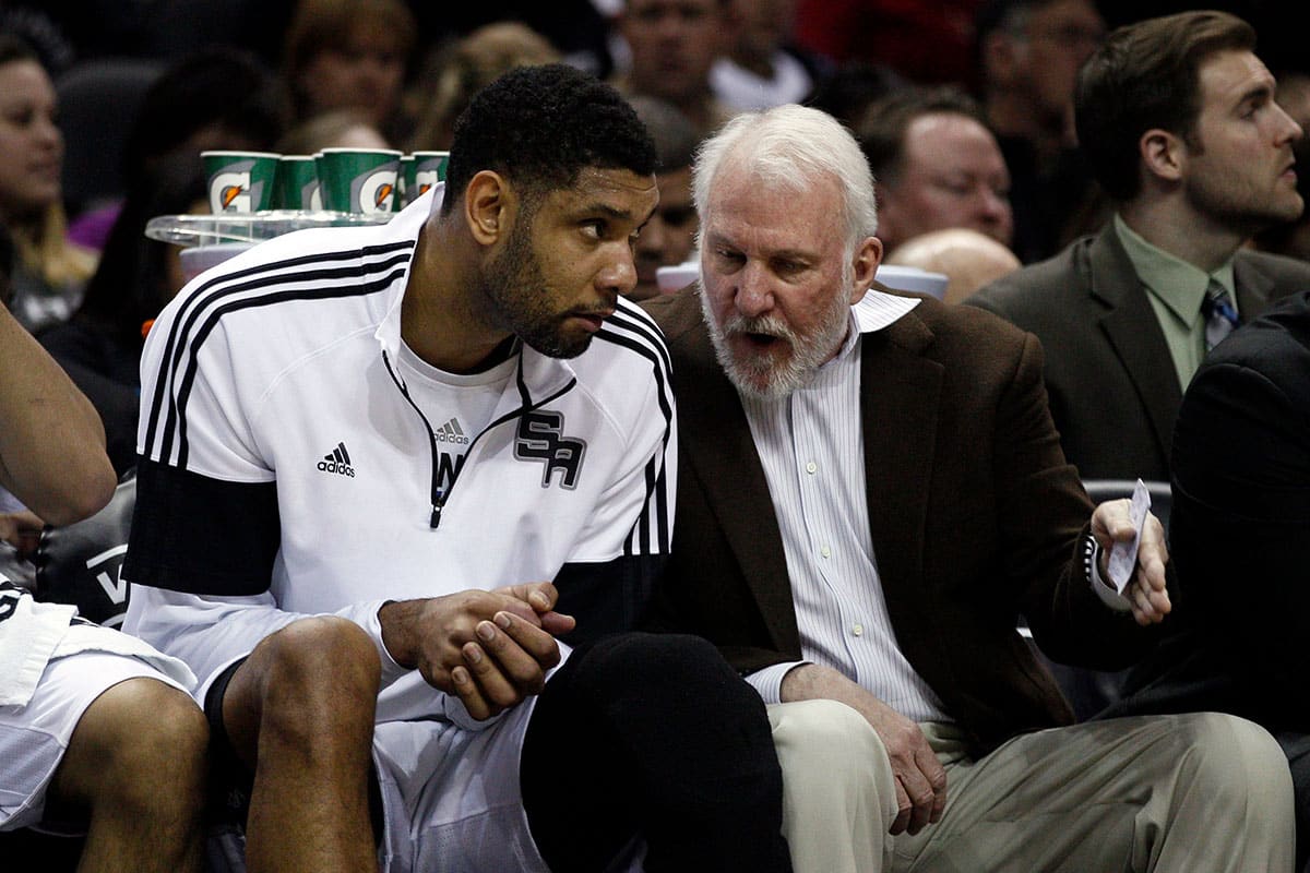 San Antonio Spurs head coach Gregg Popovich talks to San Antonio Spurs power forward Tim Duncan (21) during the first half against the New Orleans Pelicans at AT&T Center.
