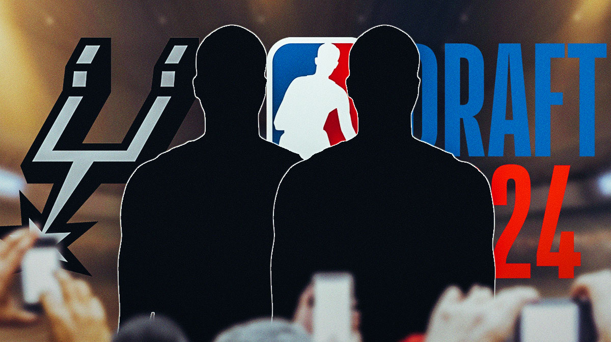 Spurs logo, NBA 2024 Draft logo, two player silhouettes