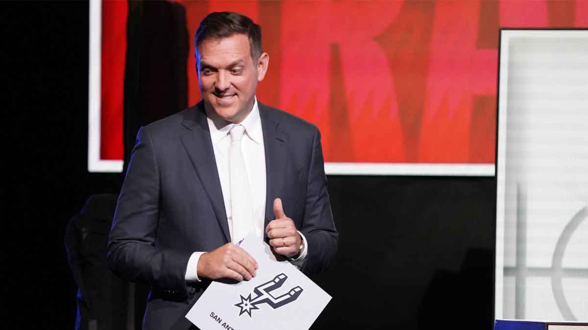 San Antonio Spurs managing partner Peter J. Holt celebrates the first pick in the 2023 NBA Draft Lottery