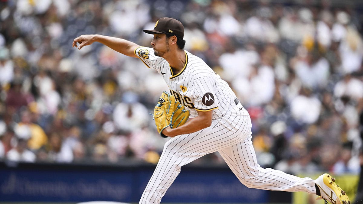 May 29, 2024; San Diego, California, USA; San Diego Padres pitcher Yu Darvish (11) pitches during the second inning against the Miami Marlins at Petco Park. Mandatory Credit: Denis Poroy-USA TODAY Sports