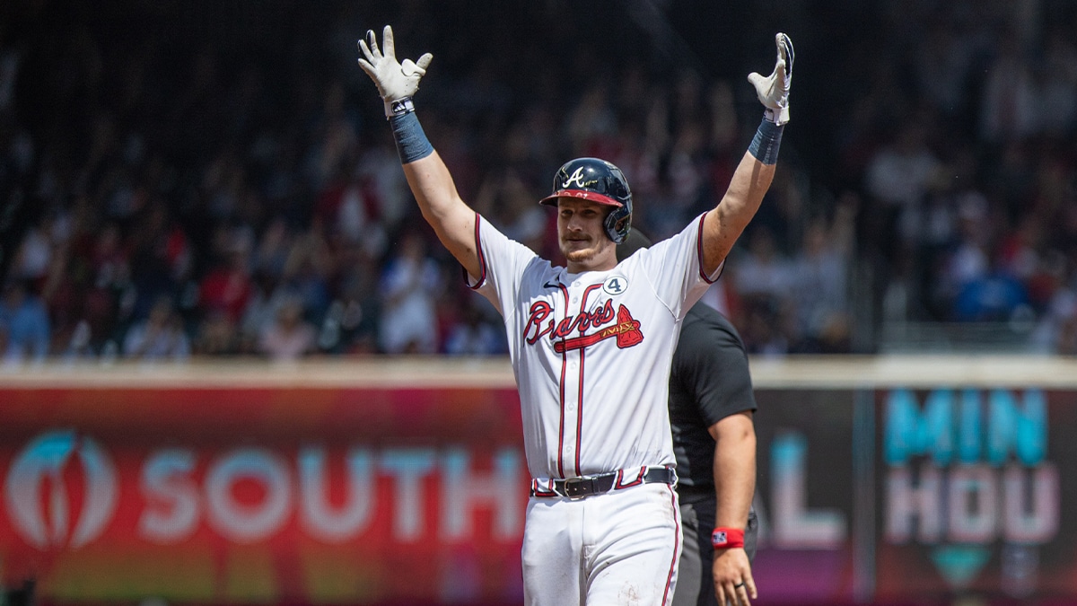 Atlanta Braves catcher Sean Murphy (12) celebrates hitting a double against the Oakland Athletics during the seventh inning at Truist Park. Mandatory Credit: