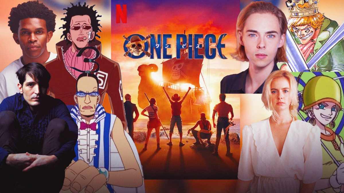 Clockwise from top right: Daniel Lasker, Mr. 9; Jazzara Jaslyn, Miss Valentine; David Dastmalchian, Mr. 3 and Camrus Johnson, Mr. 5; Center: Netflix's One Piece poster