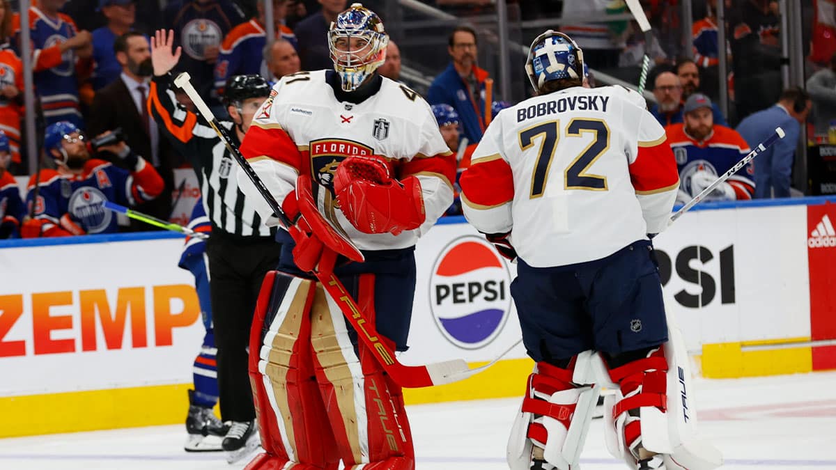 Florida Panthers goaltender Anthony Stolarz (41) relieves Sergei Bobrovsky (72) in the second period against the Edmonton Oilers in game four of the 2024 Stanley Cup Final at Rogers Place.