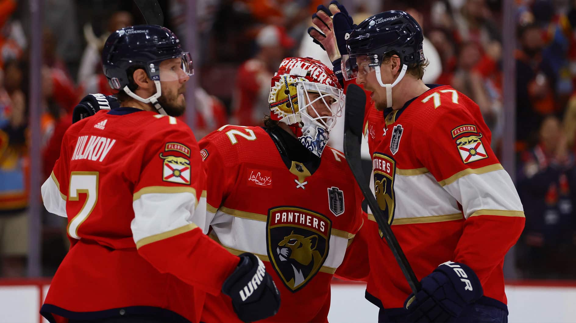 defenseman Niko Mikkola (77) celebrates the win with goaltender Sergei Bobrovsky (72) against the Edmonton Oilers after the third period in game one of the 2024 Stanley Cup Final at Amerant Bank Arena.
