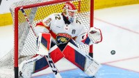 Florida Panthers goaltender Sergei Bobrovsky (72) guards his net during the warmup period against the Edmonton Oilers in game four of the 2024 Stanley Cup Final at Rogers Place.