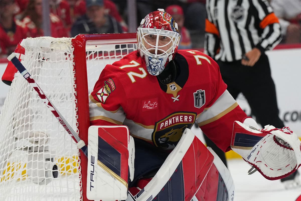 Florida Panthers goaltender Sergei Bobrovsky (72) watches play during the third period against the Edmonton Oilers in game two of the 2024 Stanley Cup Final at Amerant Bank Arena