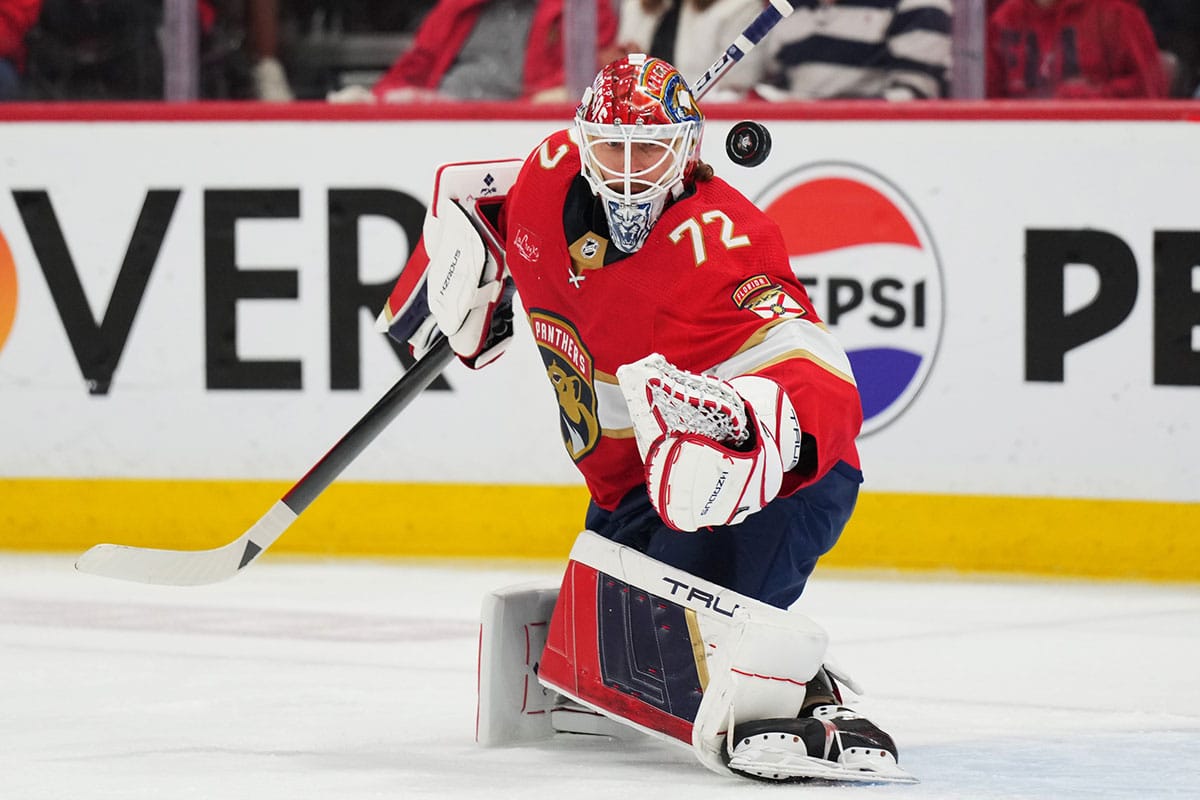 Florida Panthers goaltender Sergei Bobrovsky (72) makes a save against the New York Rangers during the first period in game six of the Eastern Conference Final of the 2024 Stanley Cup Playoffs at Amerant Bank Arena.